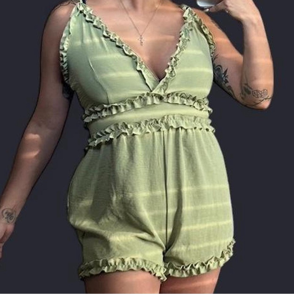 Iris Olive Ruffle Romper